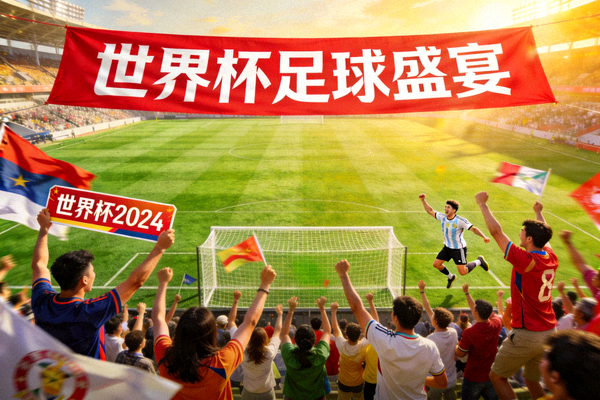 世界杯主题横幅 - 足球场与欢呼的球迷全景图